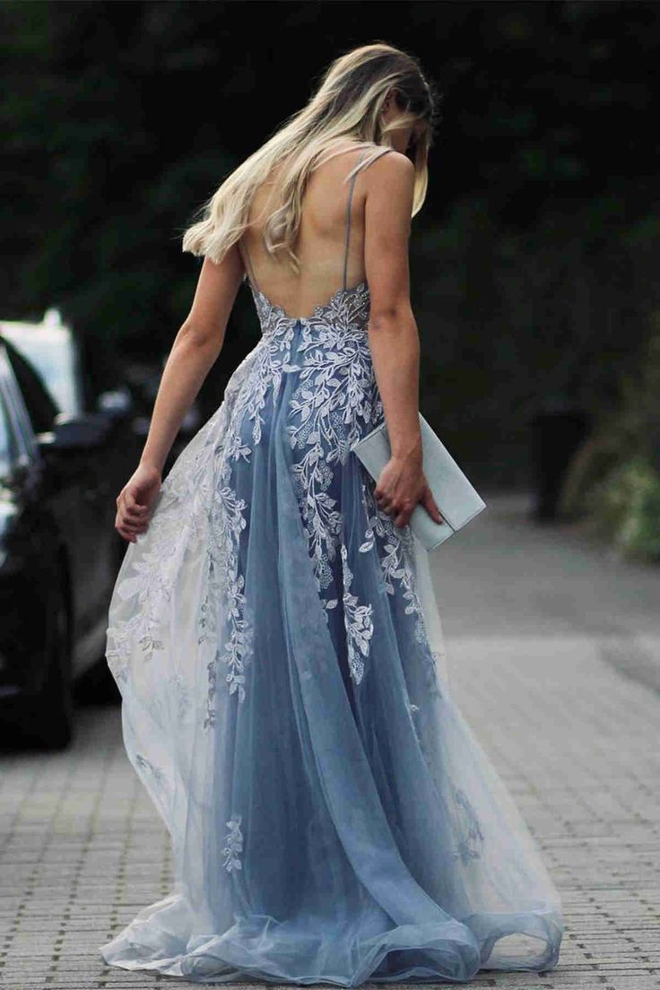 Stunning Dsuty Blue Tulle Long Formal Dress with Appliques,DP386