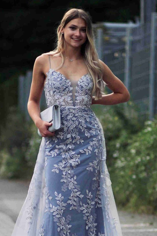 Stunning Dsuty Blue Tulle Long Formal Dress with Appliques,DP386