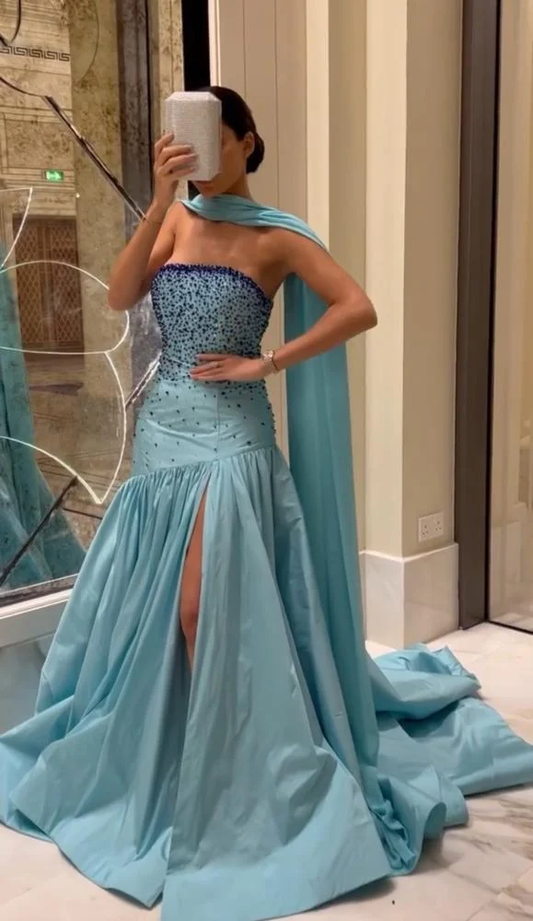 Light Blue Strapless A-Line Beading Long Prom Dress Evening Gown DP3896