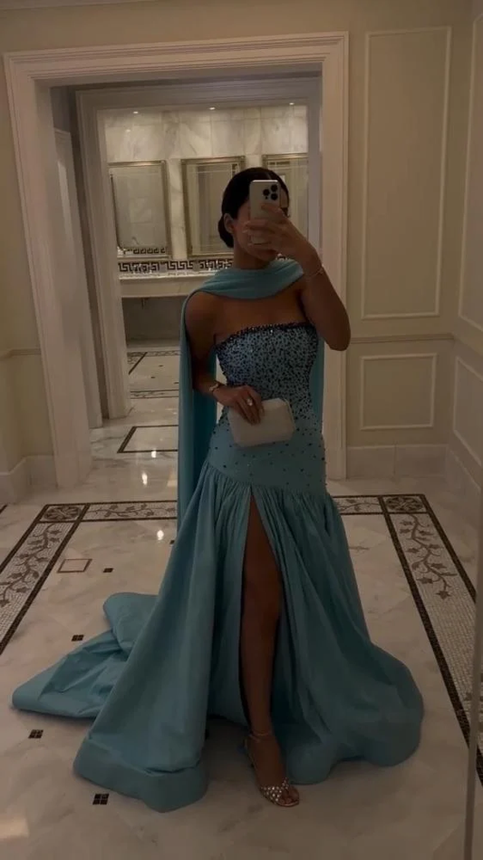 Light Blue Strapless A-Line Beading Long Prom Dress Evening Gown DP3896