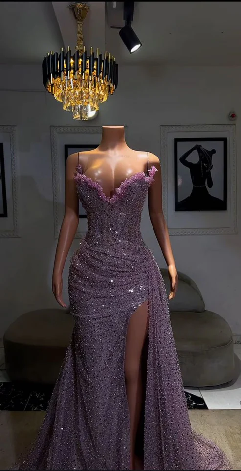 Light Purple Sweetheart Beading Sequins Black Girl Long Evening Party Gown DP3900