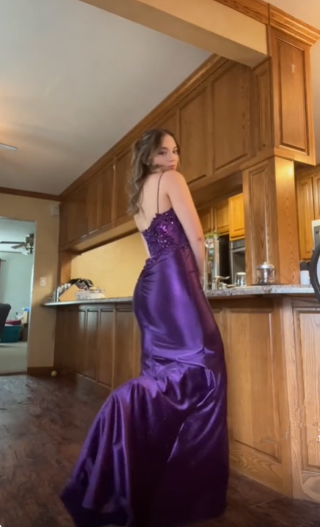 Elegant Purple Spaghetti Straps Appliques Satin Long Prom Dress DP3903