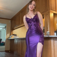 Elegant Purple Spaghetti Straps Appliques Satin Long Prom Dress DP3903