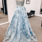 Blue 3D Floral Lace Sweetheart A-Line Long Prom Dress,DP390