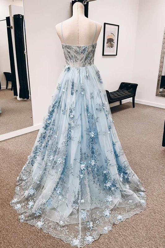 Blue 3D Floral Lace Sweetheart A-Line Long Prom Dress,DP390