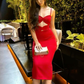 Charming Red Spaghetti Straps Midi Length Party Dress DP3907