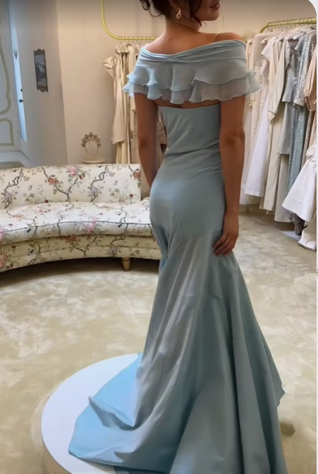 Light Blue Off Shoulder A-Line Vintage Long Prom Dress DP3914