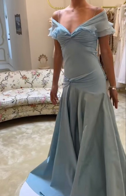 Light Blue Off Shoulder A-Line Vintage Long Prom Dress DP3914