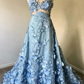 Blue Floral Round Neck Lace Long Prom Dress Evening Dress,DP391