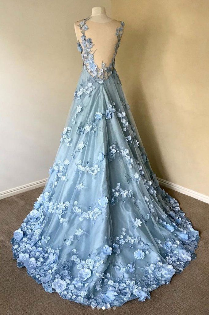 Blue Floral Round Neck Lace Long Prom Dress Evening Dress,DP391