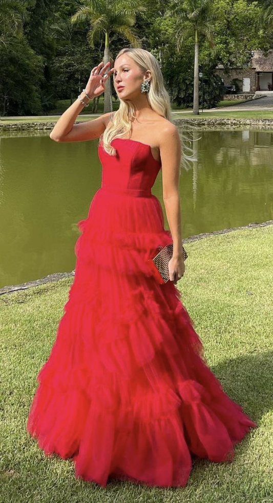 Elegant Strapless A-Line Tulle Red Long Evening Party Dress Prom Gown DP3922