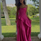 Hot Pink Spaghetti Straps A-Line Satin Long Party Dress Guest Dress DP3932