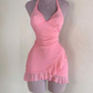 Pink Halter Sheath Ruffles Short Party Dress Mini Birthday Dress DP3934