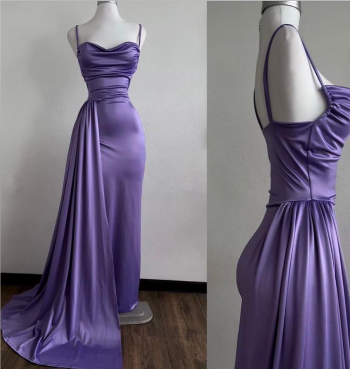 Purple Spaghetti Straps Sheath Satin Long Evening Party Dress DP3936