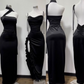 Charming Black Halter Sheath Satin Long Evening Party Dress DP3937