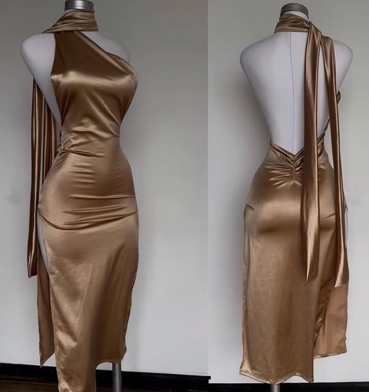 Charming Gold Halter Sheath Satin Midi Length Evening Party Dress DP3938