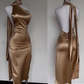 Charming Gold Halter Sheath Satin Midi Length Evening Party Dress DP3938