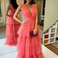 A-Line V Neck Watermelon Tulle Prom Dresses,DP395