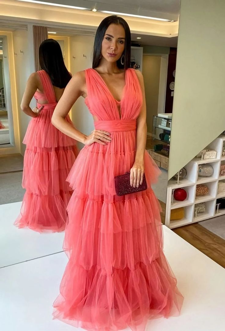 A-Line V Neck Watermelon Tulle Prom Dresses,DP395