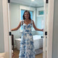 Lovely Blue Floral Printed A-Line Satin Long Formal Party Dress DP3980