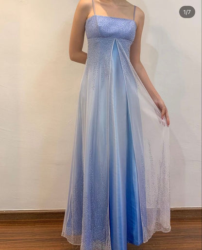 Light Blue Spaghetti Straps A-Line Satin Vintage Long Party Dress, DP3986