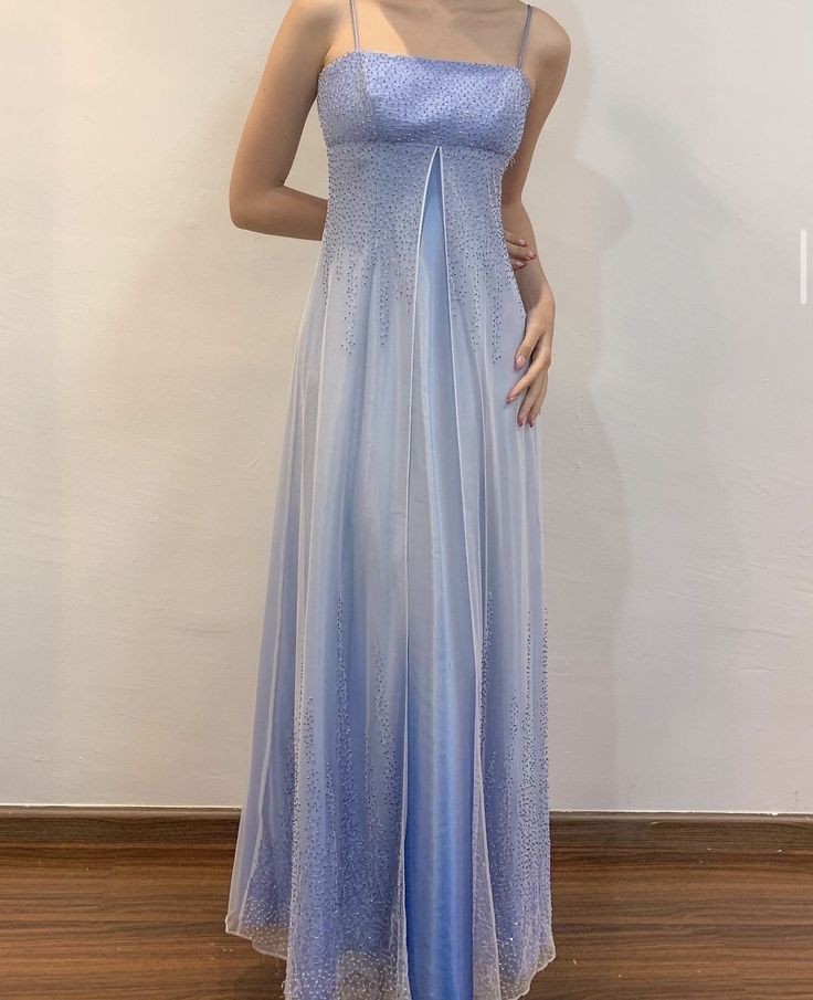 Light Blue Spaghetti Straps A-Line Satin Vintage Long Party Dress, DP3986