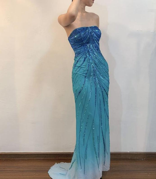 Blue Strapless Mermaid Sequins Vintage Long Party Dress, DP3987