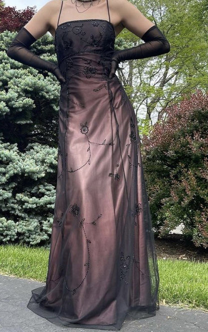 Elegant Brown Spaghetti Straps A-Line Vintage Long Party Dress, DP3989