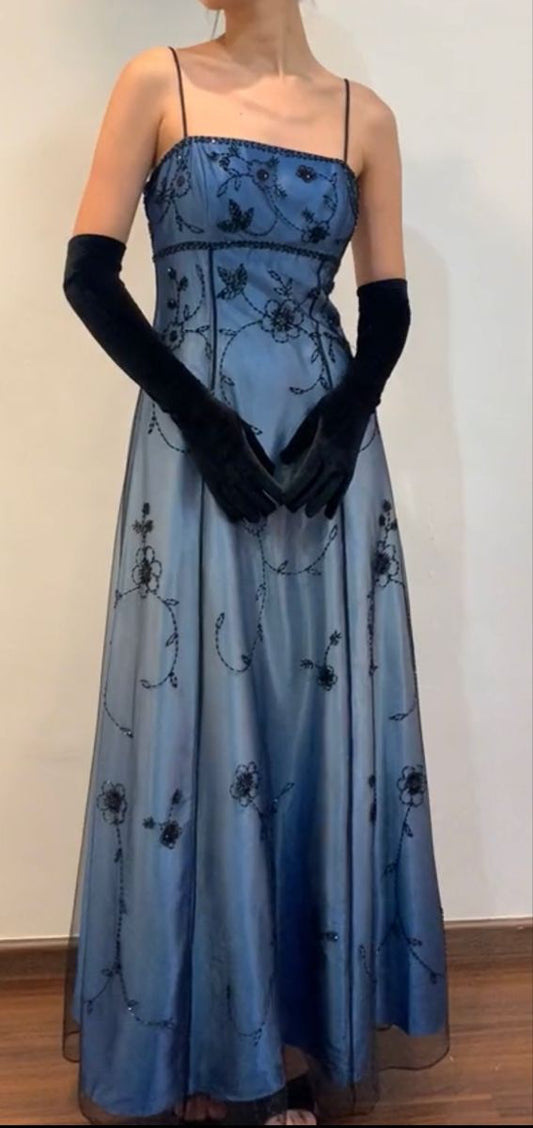 Elegant Blue Spaghetti Straps A-Line Vintage Long Party Dress, DP3990