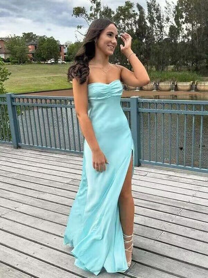 Light Blue Straps A-Line Satin Simple Long Party Dress, DP3992