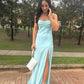 Light Blue Straps A-Line Satin Simple Long Party Dress, DP3992