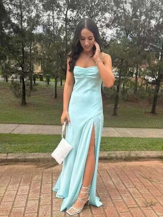 Light Blue Straps A-Line Satin Simple Long Party Dress, DP3992