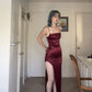 Wine Red Spaghetti Straps Sheath Satin Long Evening Party Dress, DP3999