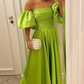 Green Satin Off Shoulder Puff Sleeve Prom Gown  Long Formal Evening Dresses,DP399