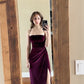 Burgundy Straps Sheath Velvet Long Evening Party Dress, DP4000