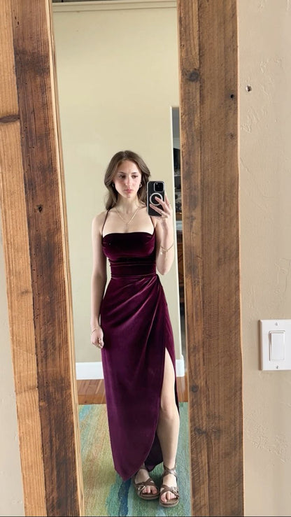 Burgundy Straps Sheath Velvet Long Evening Party Dress, DP4000