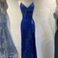 Shiny Royal Blue Straps Sequins Sheath Long Evening Party Dress, DP4001