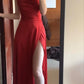 Red Straps Sheath Simple Long Evening Party Dress with Split, DP4004