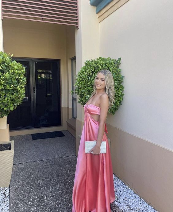 Pink Sweetheart Satin Backless Prom Dress Long Party Dress,DP400