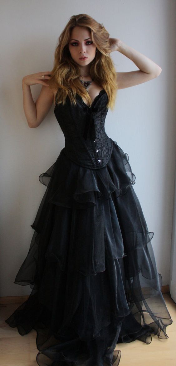 Black Gothic Sweetheart A-Line Tulle Long Formal Party Dress, DP4010