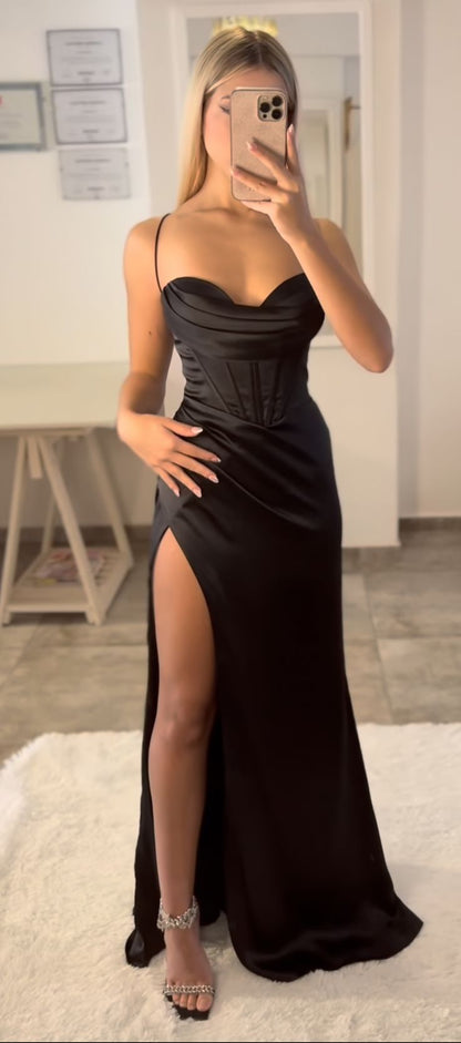 Black Straps Sheath Satin Long Formal Party Dress with Split, DP4012