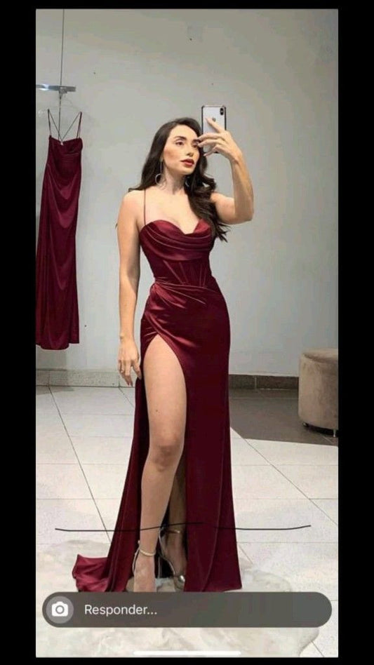 Wine Red Straps Sheath Satin Long Formal Party Dress with Split, DP4013