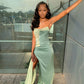 Sage Green Strapless Sheath Satin Long Formal Party Dress, DP4015