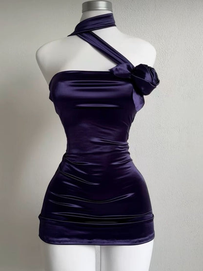 Charming Dark Purple Halter Satin Short Evening Party Dress, DP4017