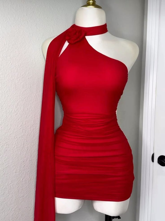 Charming Red Halter Satin Short Evening Party Dress, DP4018