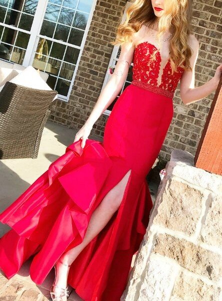 Red Mermaid Appliques Long Sweetheart Prom Dress with Side Slit,DP402