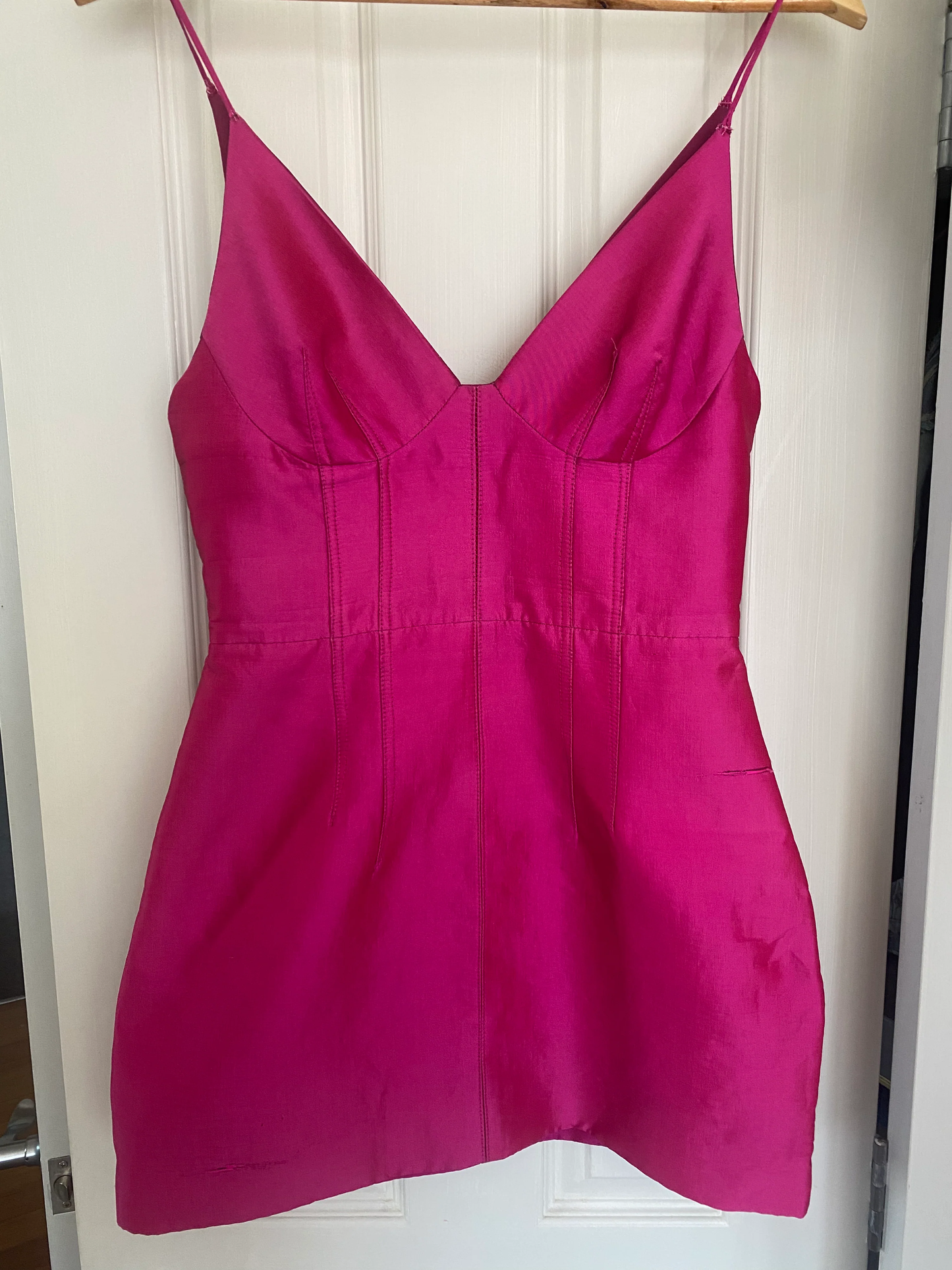 Fuchsia V Neck Satin Spaghetti Straps Graduation Homecoming Dress, DP2402