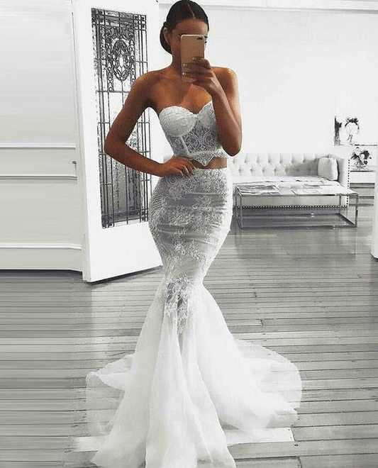 Two Piece White Prom Dresses Sweetheart Sweep Lace Train Prom Dress,DP404