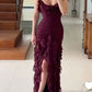 Dark Purple Straps Ruffles Sheath Long Party Dress Wedding Guest Dress, DP4040