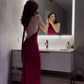 Charming Wine Red Halter Open Back Long Evening Party Dress, DP4041